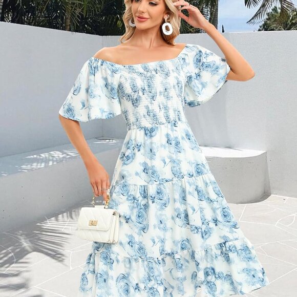 Women's Floral Summer Smocked Midi Dress Boho Square Neck Off-Shoulder - Picture 4 of 6